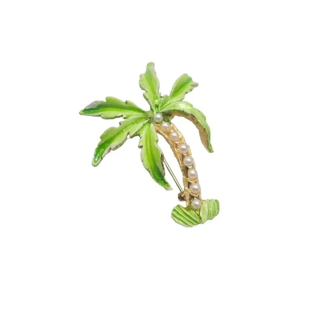 Faux Pearl Beaded Green Enamel Tropical Palm Tree Brooch Pin Gold Tone Vintage